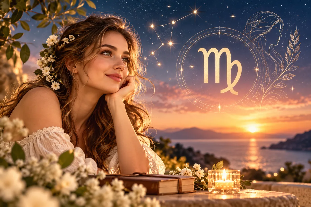 Başak burcu aşk hayatı ve evlilik özelliklerini simgeleyen romantik astroloji görseli