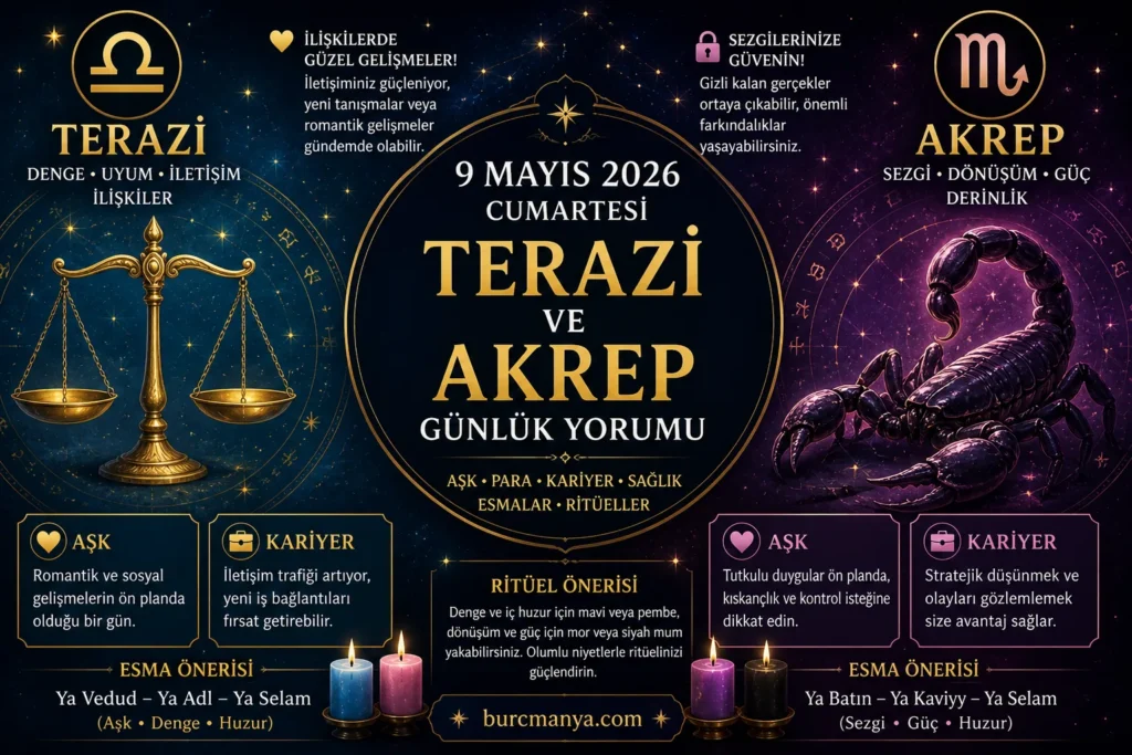 Terazi Ve Akrep Burcu 9 Mayıs 2026 Günlük Yorumu