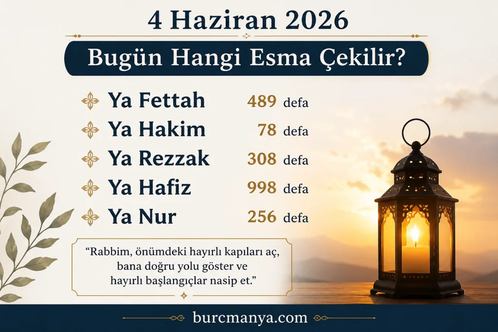 4 Haziran 2026 Perşembe Bugün Hangi Esma Çekilir
