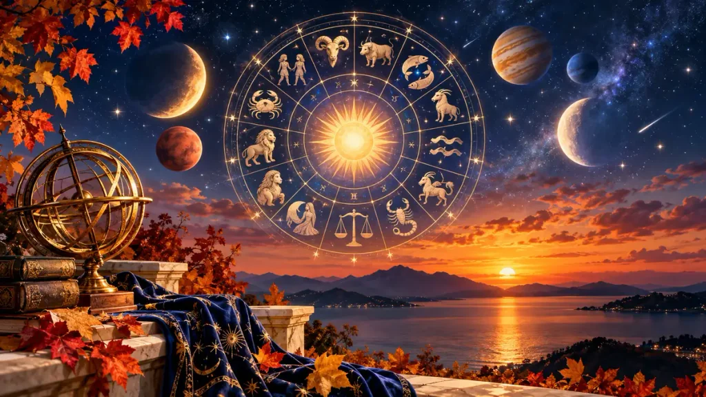 19-25 Ekim 2026 haftalık burç yorumları için hazırlanan, 12 burç sembolü, gezegenler ve sonbahar manzarası içeren astroloji görseli.