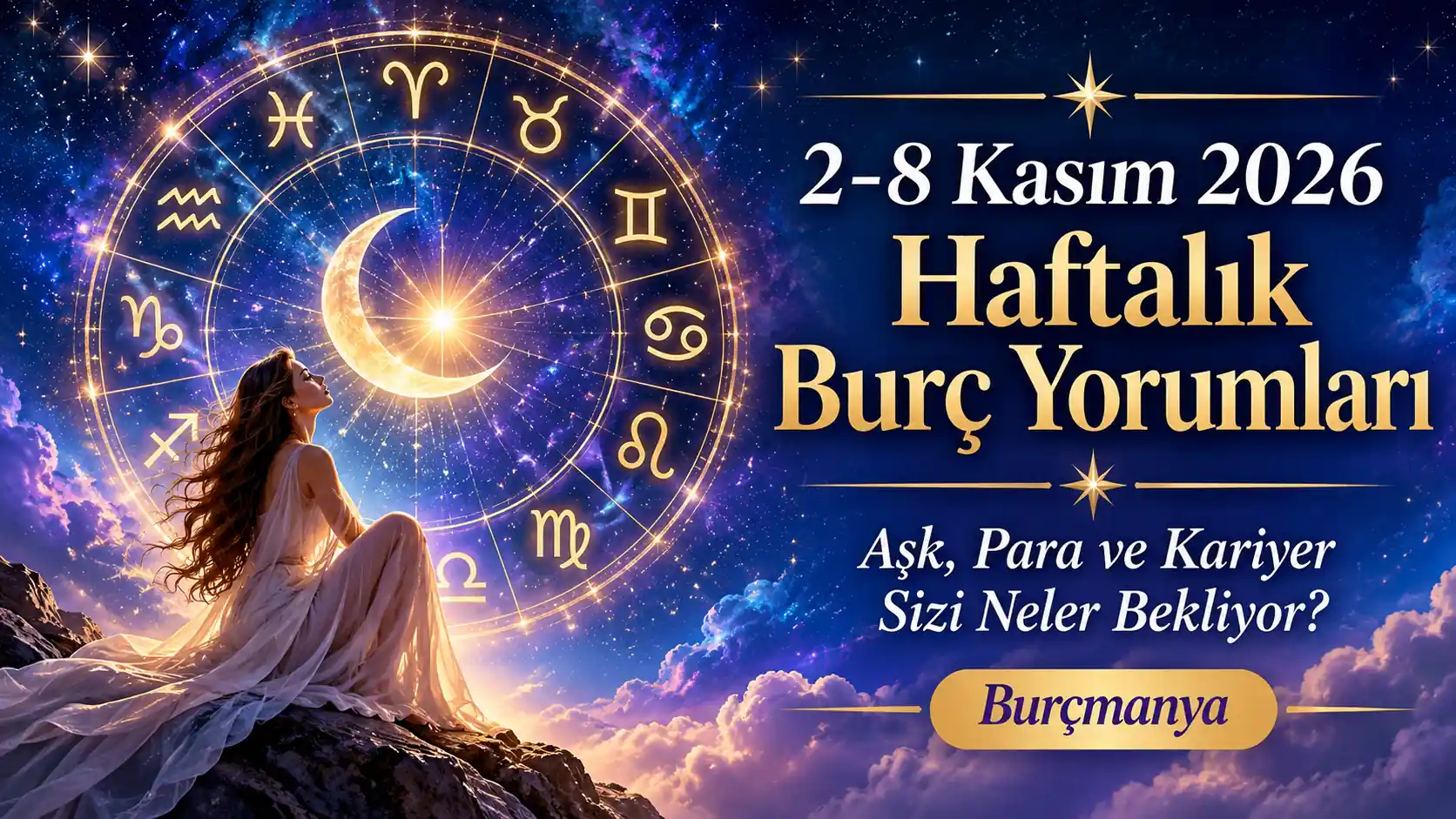 2-8 Kasım 2026 haftalık burç yorumları için yıldızlı gökyüzü, burç çemberi ve astroloji temalı görsel
