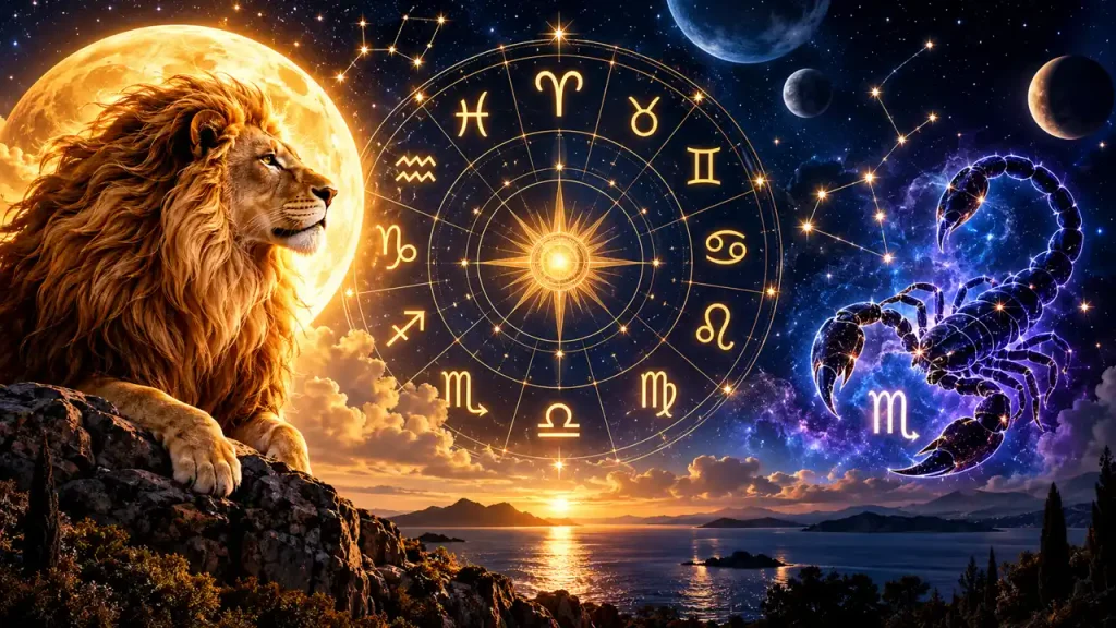 2 Kasım 2026 günlük burç yorumları için Aslan, Akrep ve astrolojik gökyüzü görseli