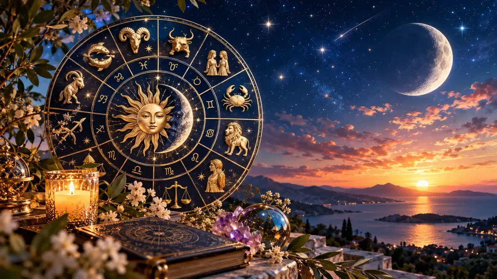 21 Ekim 2026 günlük burç yorumları için burç sembolleri, astroloji çarkı, Güneş ve Ay görseli