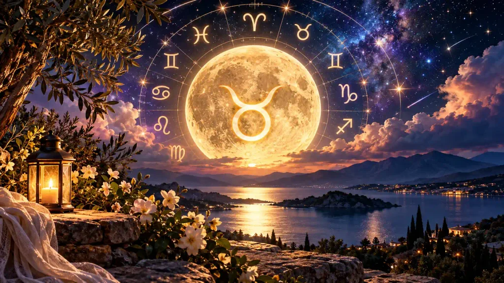 26 Ekim – 1 Kasım 2026 haftalık burç yorumları için Boğa Dolunayı ve 12 burç sembolünü gösteren astroloji görseli