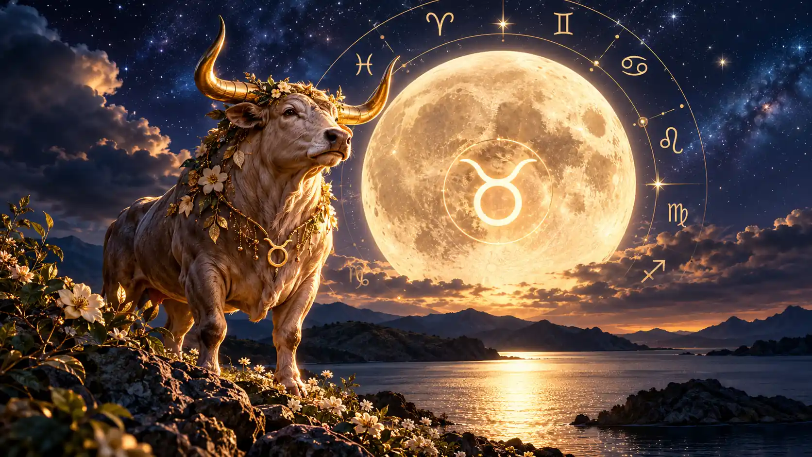 26 Ekim 2026 günlük burç yorumları için Boğa Dolunayı, Boğa burcu sembolü ve astrolojik zodyak çemberi görseli.