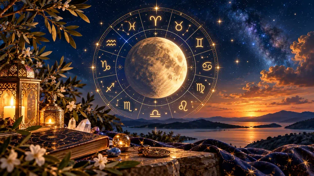 27 Ekim 2026 günlük burç yorumları için Ay, yıldızlar ve 12 burcun sembollerini gösteren astroloji görseli.