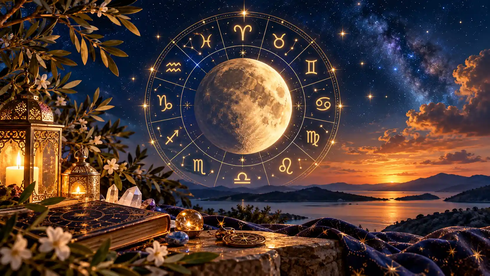 27 Ekim 2026 günlük burç yorumları için Ay, yıldızlar ve 12 burcun sembollerini gösteren astroloji görseli.