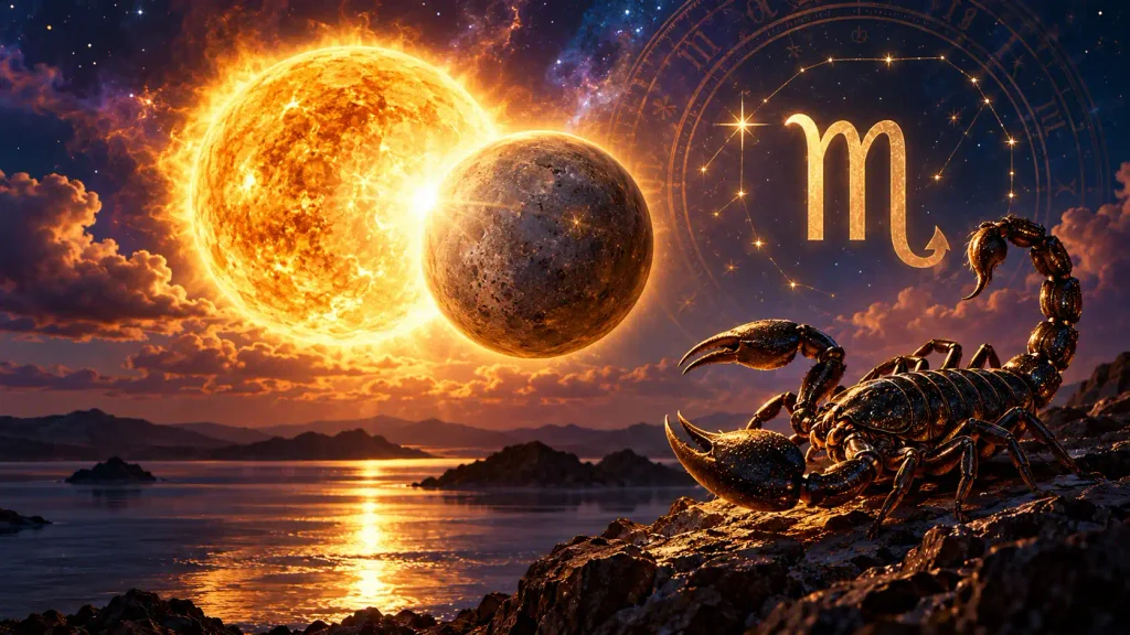4 Kasım 2026 Akrep burcunda Güneş Merkür kavuşumunu simgeleyen astrolojik görsel
