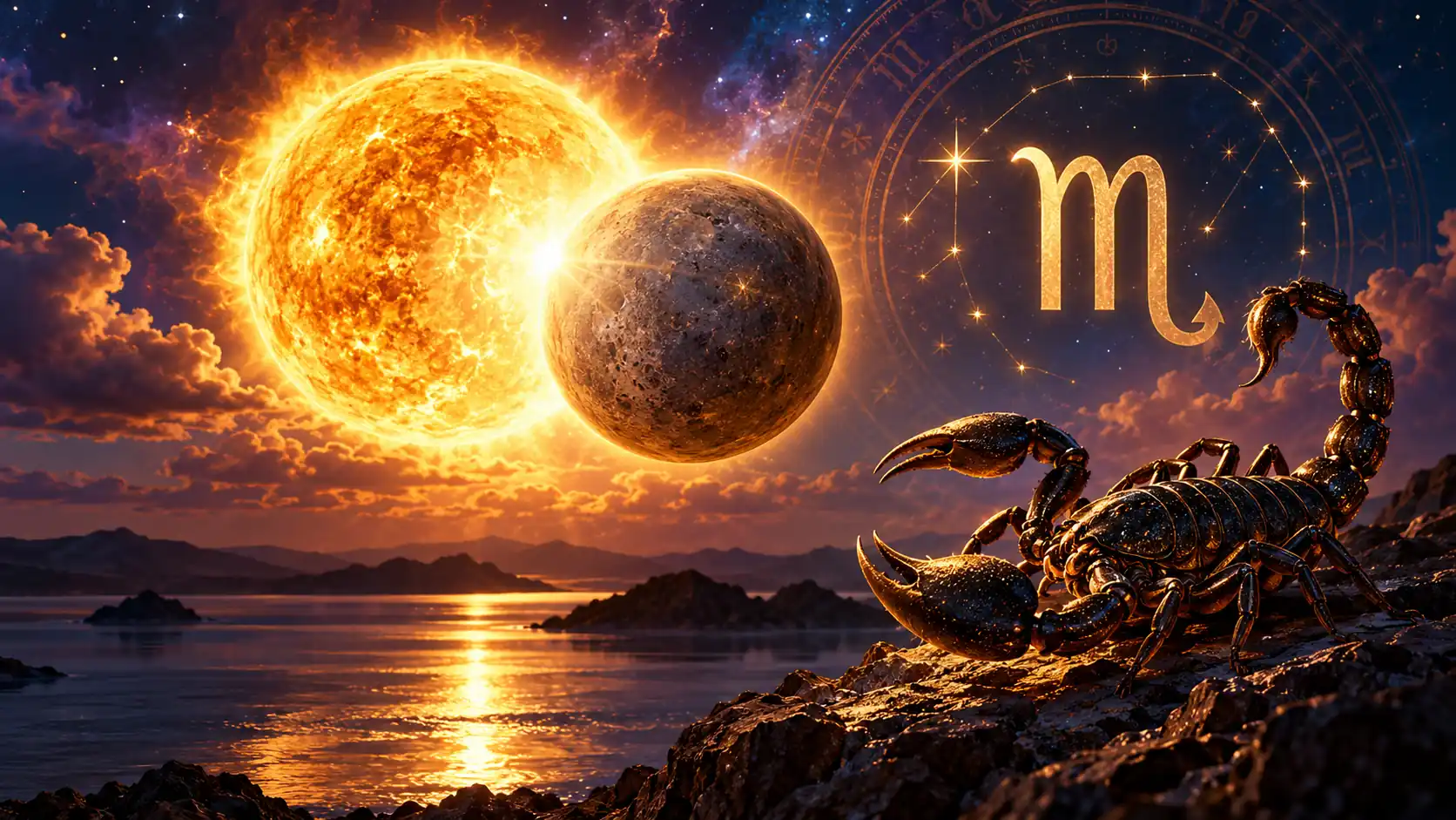 4 Kasım 2026 Akrep burcunda Güneş Merkür kavuşumunu simgeleyen astrolojik görsel