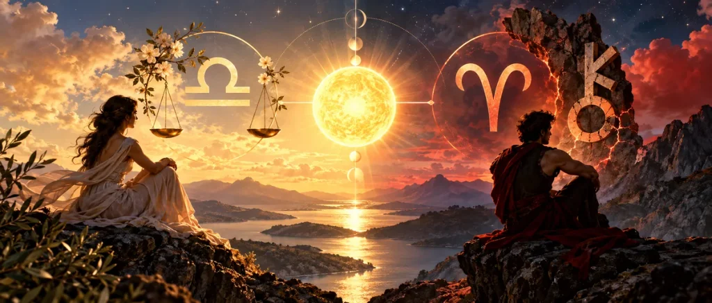 22 Ekim 2026 Güneş Chiron karşıtlığı, Terazi ve Koç burçları arasında geçmişin yaralarını ve duygusal iyileşmeyi simgeleyen astrolojik görsel.