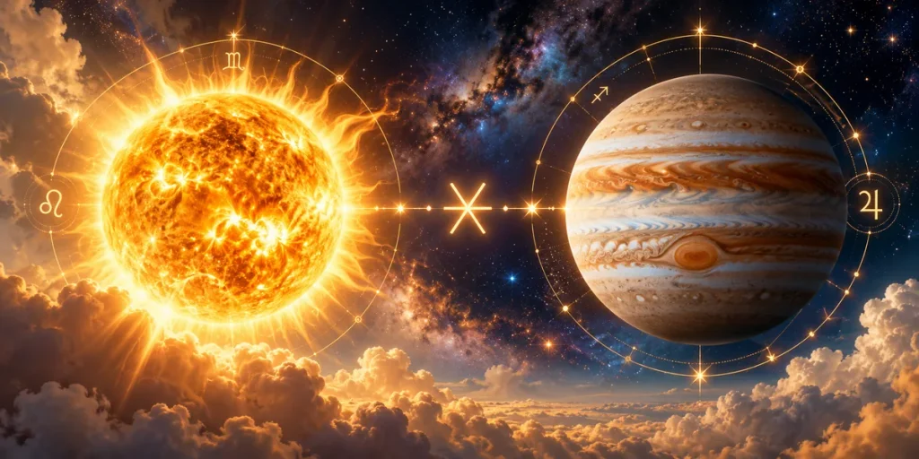 Güneş Jüpiter sekstili 60 derecelik astrolojik açı ve gezegenlerin uyumlu etkileşimini gösteren görsel