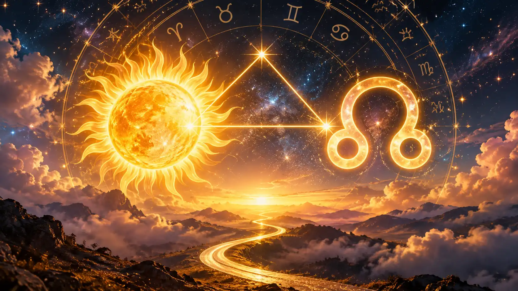Güneş Kuzey Ay Düğümü üçgen açısını simgeleyen altın renkli Güneş, Kuzey Ay Düğümü sembolü ve astrolojik üçgen.