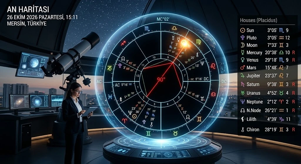 26 Ekim 2026 Pazartesi saat 15.11 Güneş Plüton kare açısı astroloji an haritası ve gezegen konumları