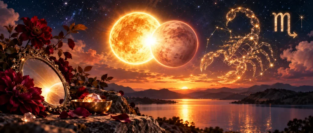 24 Ekim 2026 tarihinde Akrep burcunda gerçekleşen Güneş Venüs kavuşumunu simgeleyen astrolojik görsel.