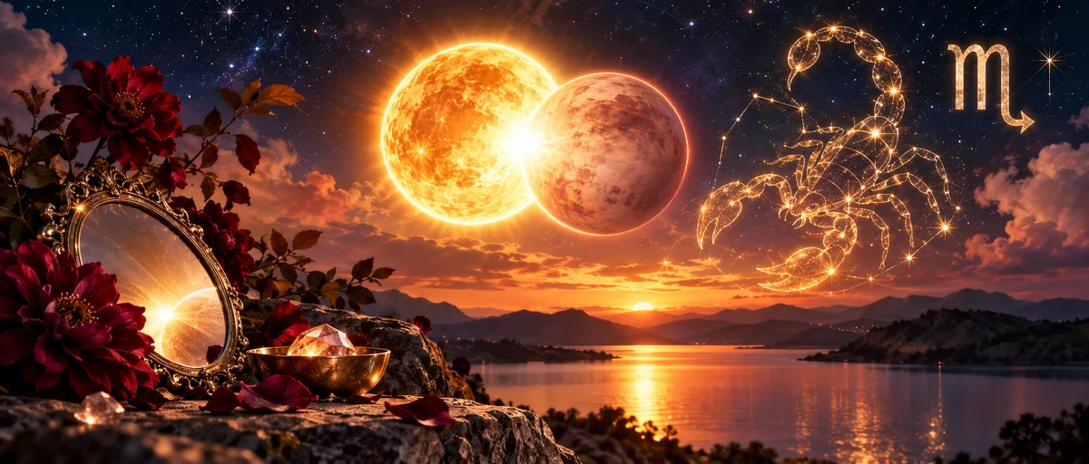24 Ekim 2026 tarihinde Akrep burcunda gerçekleşen Güneş Venüs kavuşumunu simgeleyen astrolojik görsel.