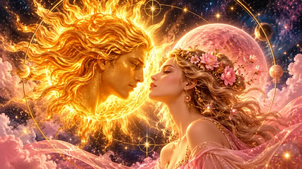 Güneş Venüs kavuşumunu temsil eden altın ve pembe tonlarda astrolojik illüstrasyon