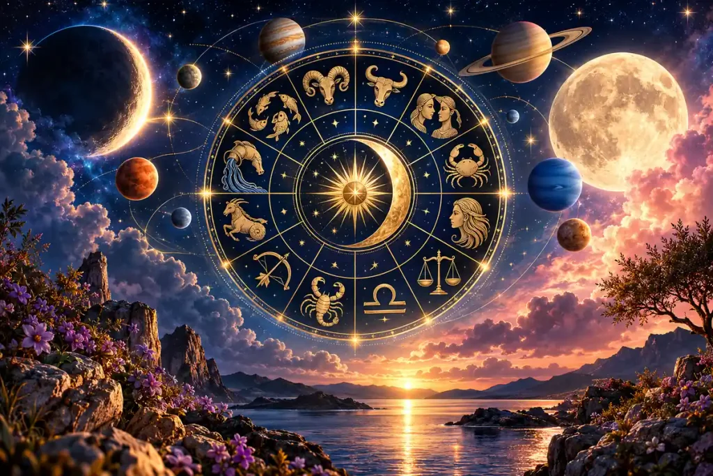 Kasım 2026 burç yorumları için 12 burcu simgeleyen astroloji çarkı, gezegenler ve gökyüzü