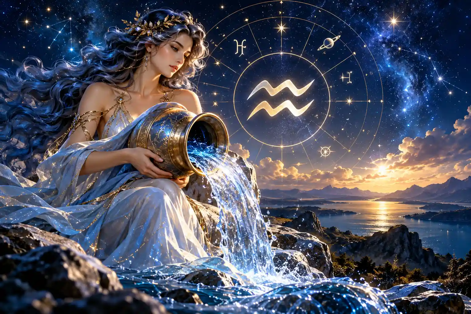 Kova burcu 2027 yorumu için hazırlanan, Kova sembolü ve yıldızlarla süslenmiş astroloji görseli.