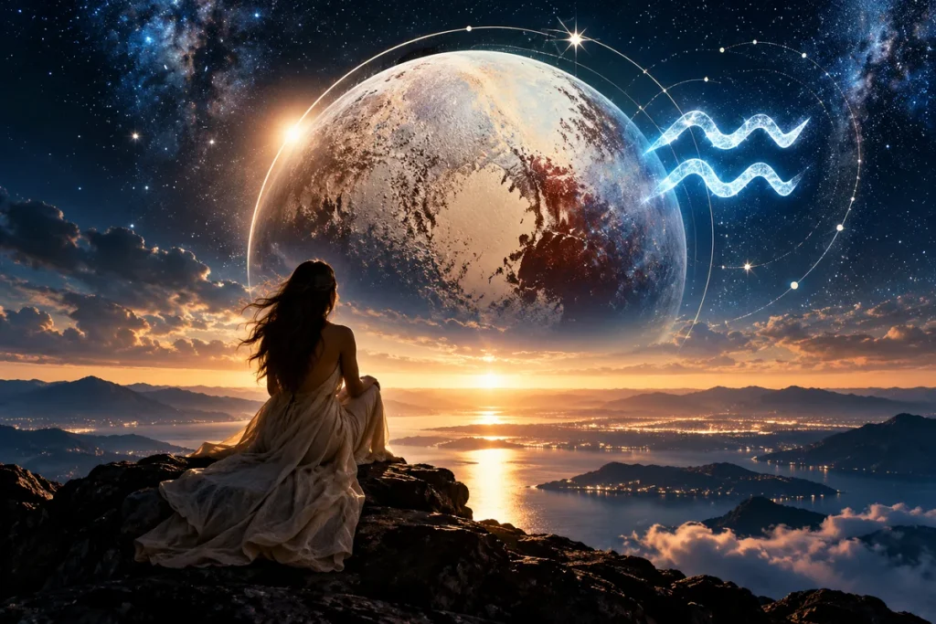 Kova burcunda Plüton retrosunun bitişini, özgürleşmeyi ve yeni başlangıçları simgeleyen astrolojik görsel.