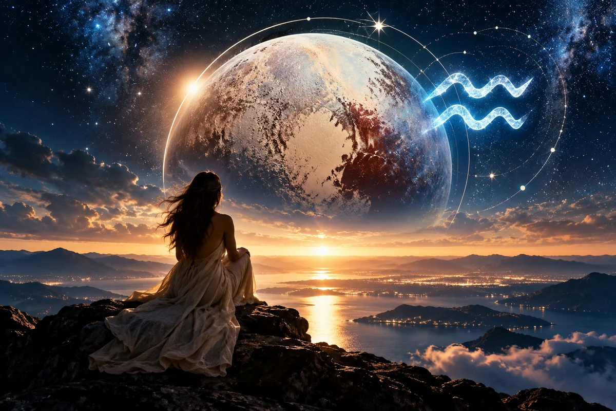 Kova burcunda Plüton retrosunun bitişini, özgürleşmeyi ve yeni başlangıçları simgeleyen astrolojik görsel.