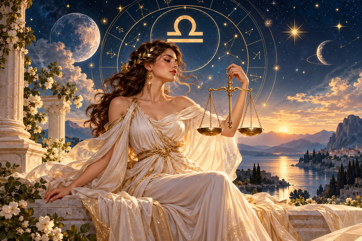 Terazi burcu 2027 yıllık yorumu, aşk, evlilik, kariyer ve para konularını simgeleyen altın terazi ve astrolojik gökyüzü.