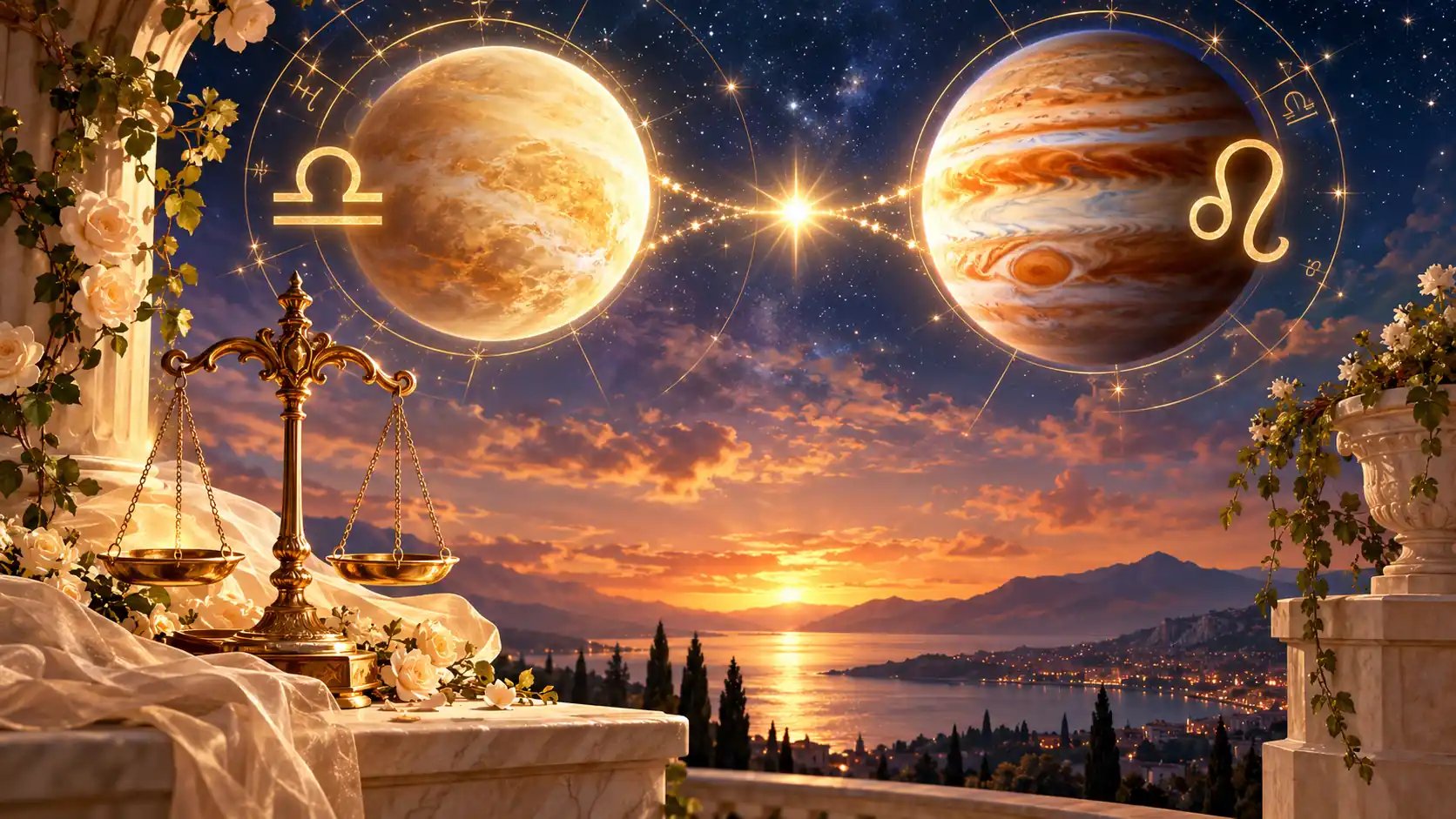 4 Kasım 2026 Venüs Jüpiter sekstil açısı, Terazi ve Aslan burçlarını temsil eden astrolojik görsel