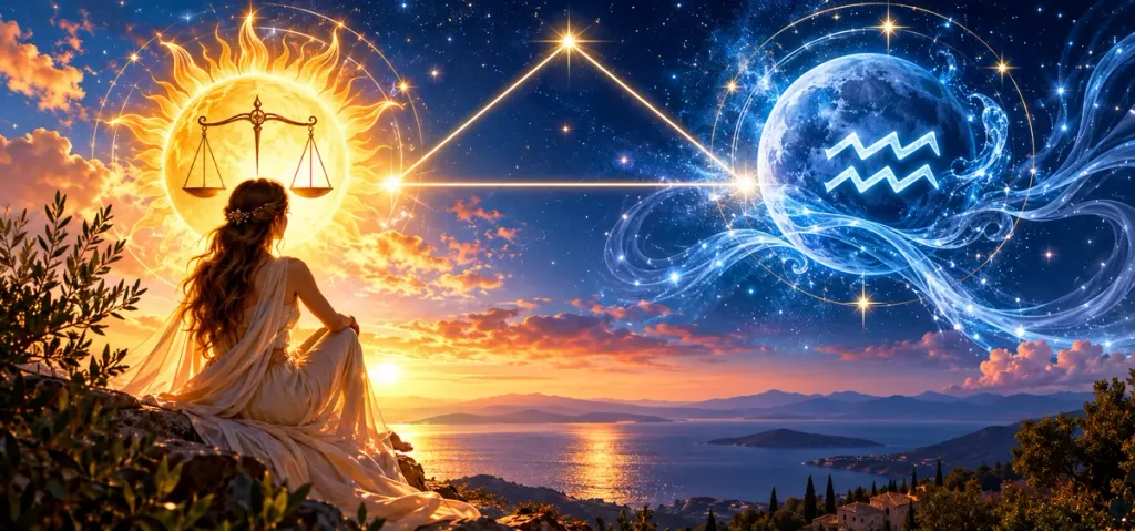 20 Ekim 2026 Güneş Kuzey Ay Düğümü üçgeni, Terazi ve Kova burçlarını temsil eden astrolojik gökyüzü görseli