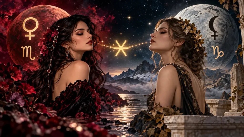 19 Ekim 2026 Venüs Lilith Sekstili, Akrep burcundaki retro Venüs ile Oğlak burcundaki Lilith'in astrolojik uyumunu simgeleyen görsel.