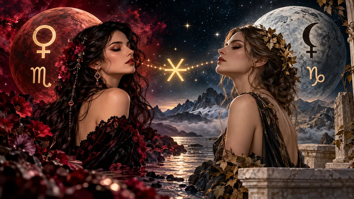 19 Ekim 2026 Venüs Lilith Sekstili, Akrep burcundaki retro Venüs ile Oğlak burcundaki Lilith'in astrolojik uyumunu simgeleyen görsel.