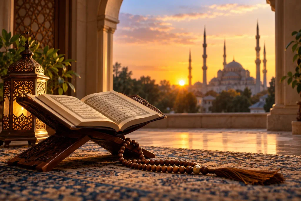 Ya Afüv esmasının anlamı ve faziletlerini simgeleyen Kur'an-ı Kerim, tesbih ve cami manzarası