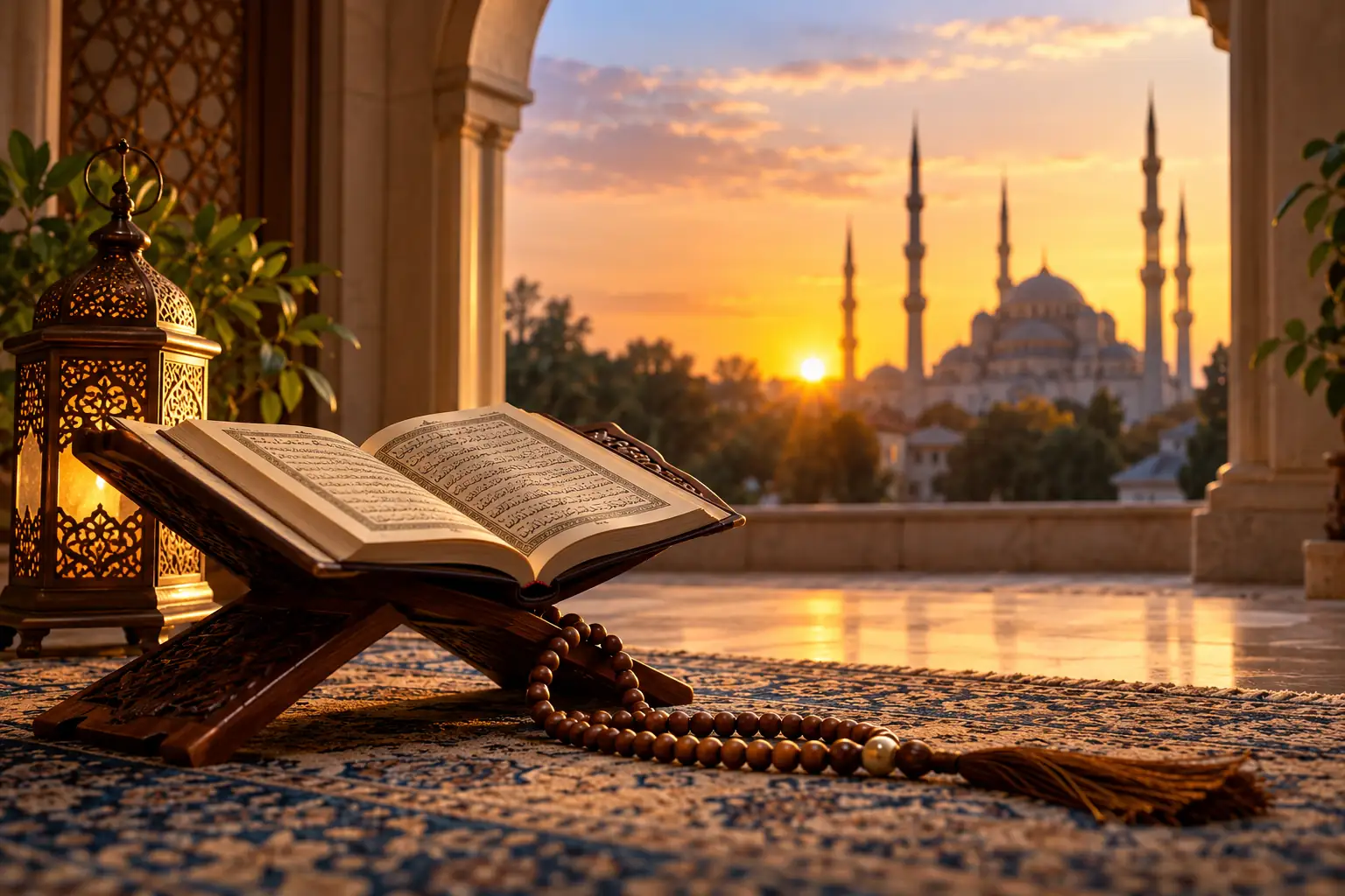 Ya Afüv esmasının anlamı ve faziletlerini simgeleyen Kur'an-ı Kerim, tesbih ve cami manzarası