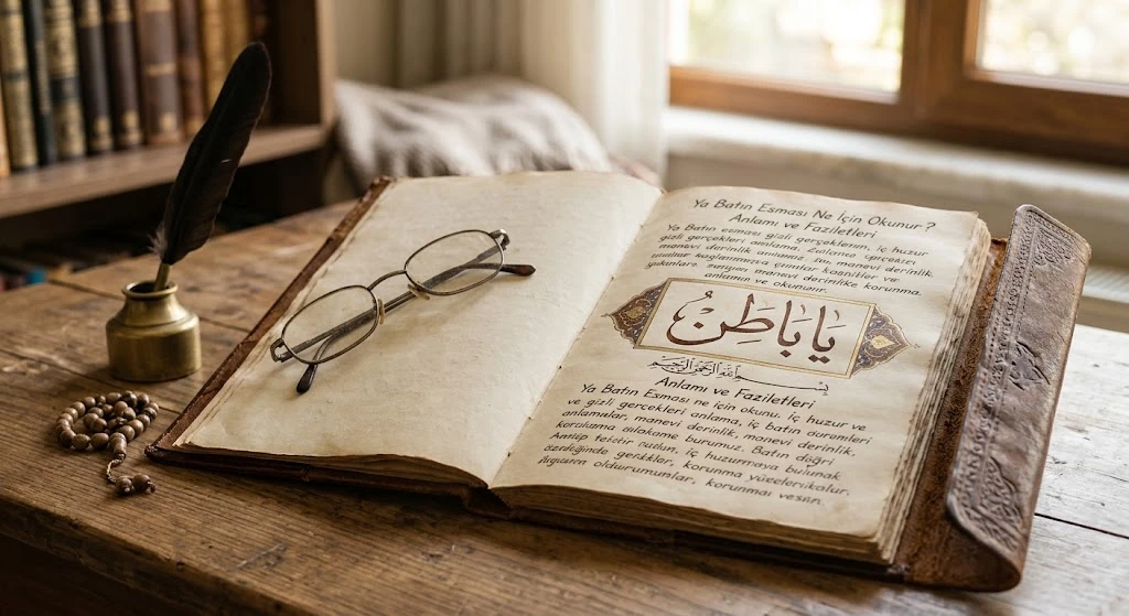 Ya Batın esması ne için okunur, anlamı ve faziletleri yazılı eski kitap ve tesbih görseli