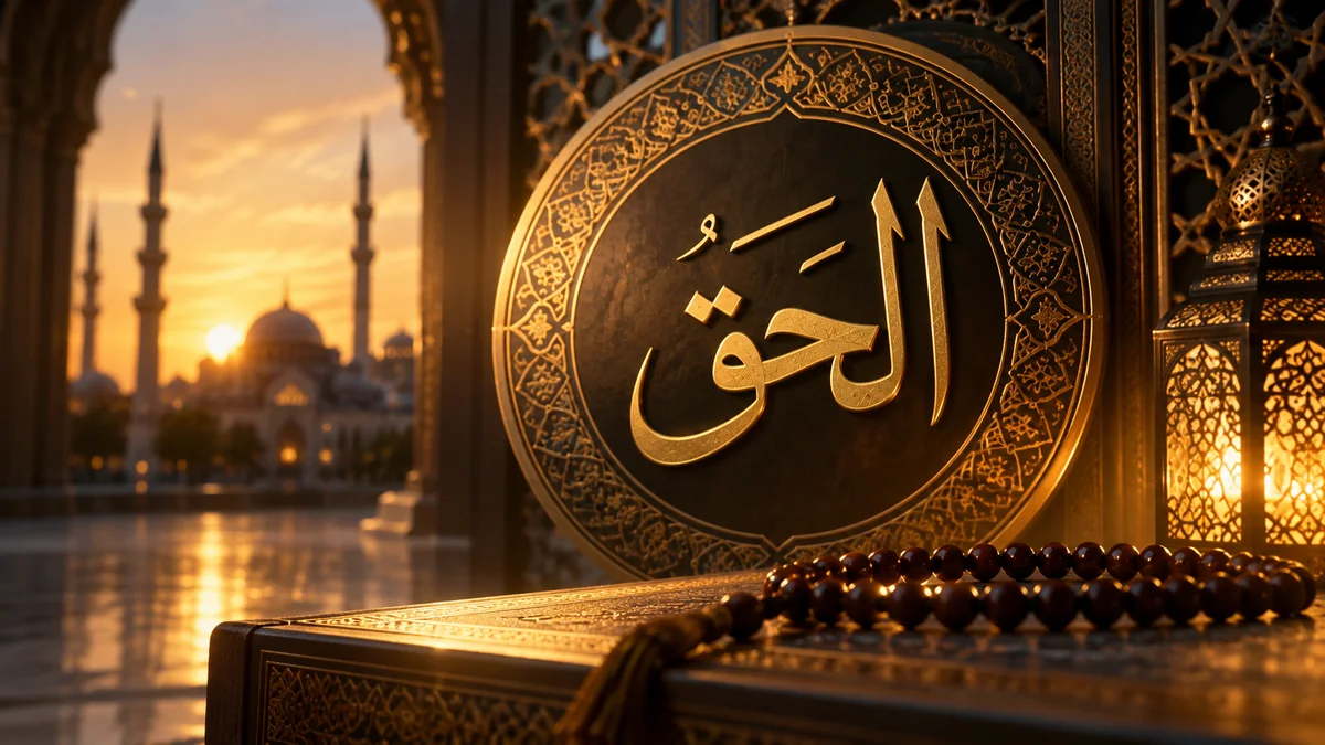 Ya Hak esması ne için okunur? Altın renkli El-Hakk hat sanatı ve tespih.