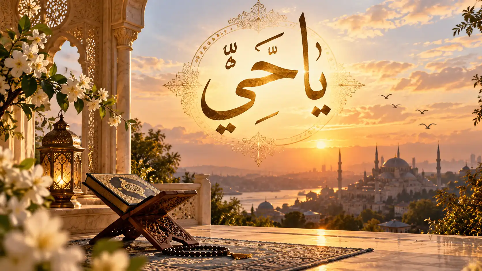 Ya Hay esması Arapça hat yazısı, gün doğumunda cami manzarası ve rahle üzerindeki Kur'an-ı Kerim