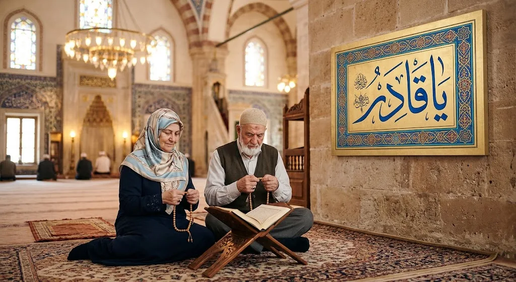 Cami içerisinde dua eden ve elinde tesbih tutan kimseler, duvar panosunda Ya Kadir hat sanatı