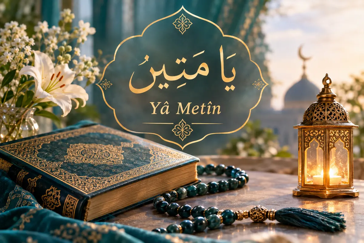 Ya Metin esması ne için okunur? El Metin isminin anlamı ve faziletlerini simgeleyen Kur'an-ı Kerim, tesbih ve kandil görseli.