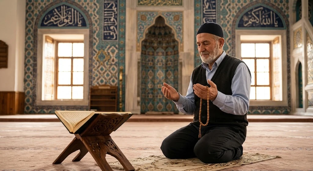 Ya Muahhir esması için camide dua eden, elinde tespih tutan yaşlı adam