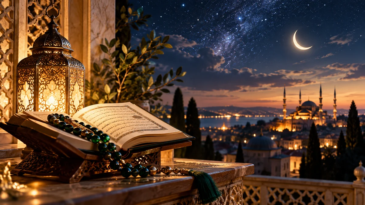 Ya Muhsi esmasının anlamı ve faziletlerini simgeleyen Kur'an-ı Kerim, tesbih ve huzurlu gece manzarası.