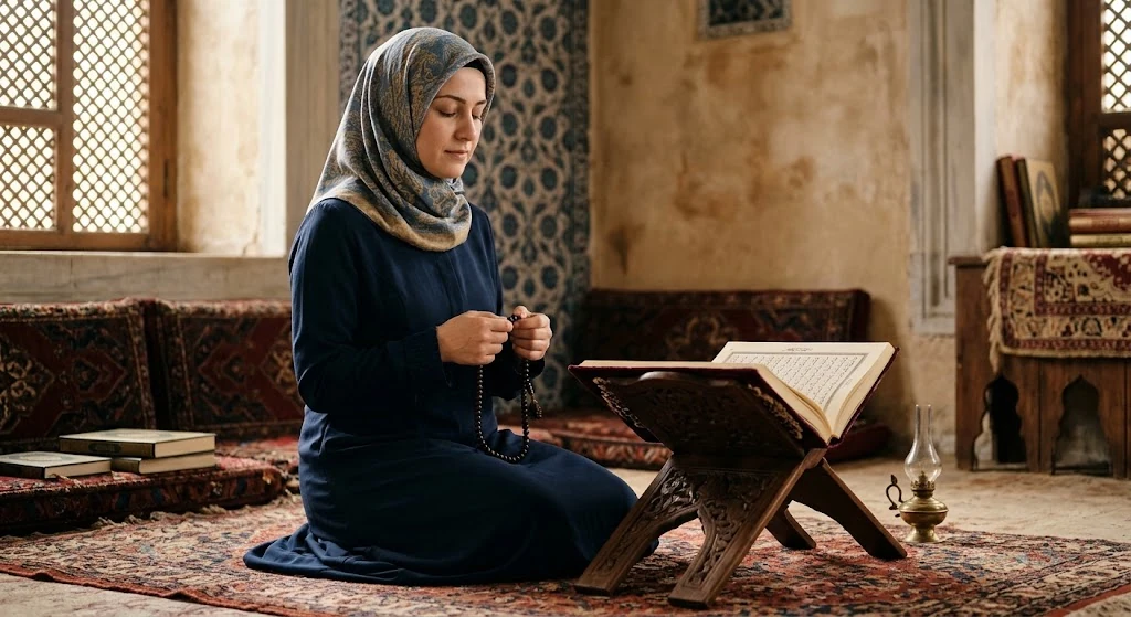 Manevi atmosferde dua eden kadın ve Ya Mukaddim esması zikri