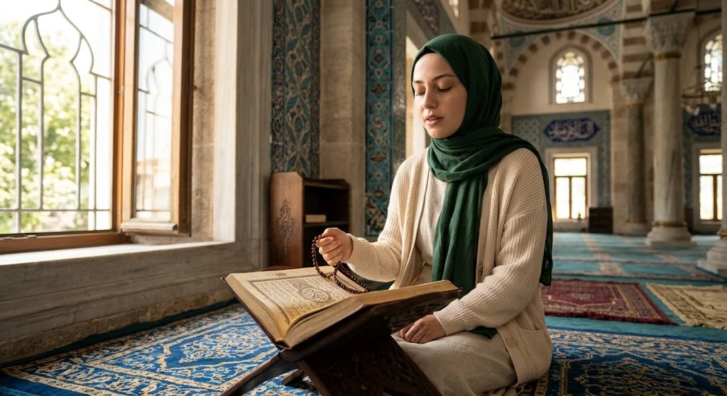 Cami içerisinde huzurla dua eden ve tesbih çeken kadın, Ya Muktedir esması okunuşu